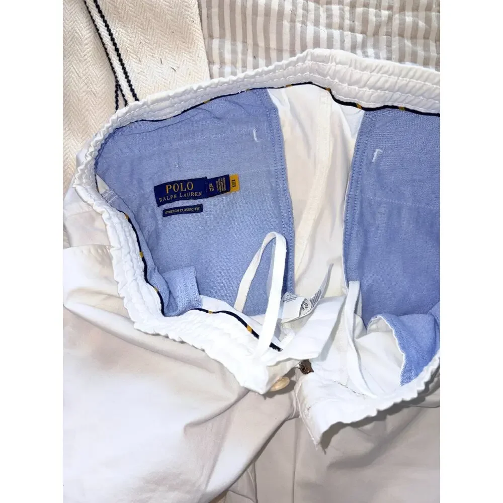 Polo Ralph Lauren White Stretch Classic Fit Pants XL Elastic Waist Navy Pony